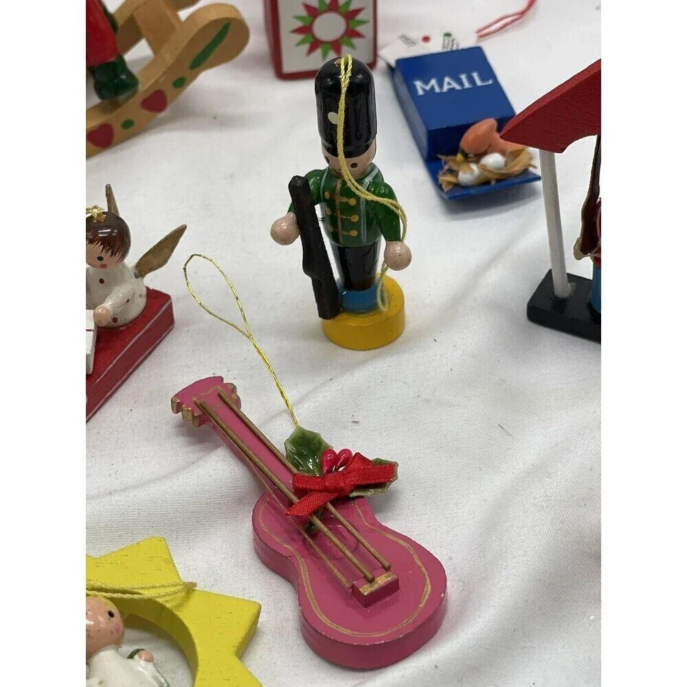 Lot 15 Christmas Ornaments Wood Vintage Mini Wooden Painted Angel Drum Snowman